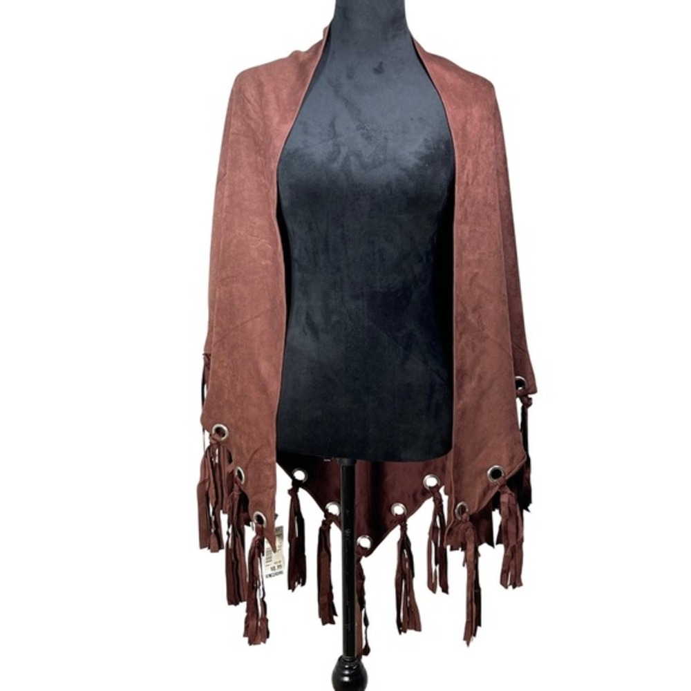 chocolate Brown‎ Faux Suede Fringe Shawl Wrap cowgirl southwest layering rustic